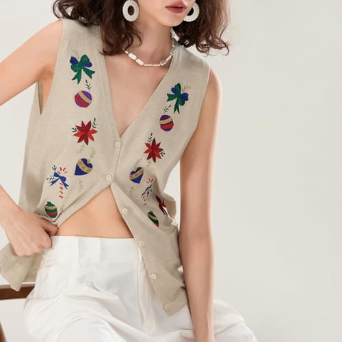 Image of KMBANGI Women Christmas Button Sweater Vest Embroidery Sleeveless Cardigan