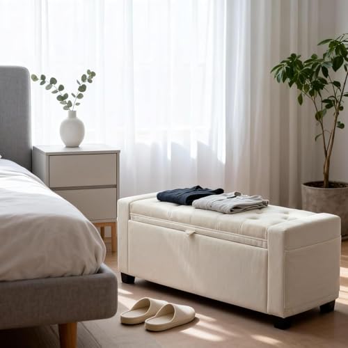 Upholstered Linen Storage Ottoman Bench 43 Inch