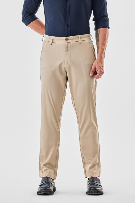 Image of SNITCH Men Chinos | Slim Fit Mid Rise Solid Pattern | Cotton Blend with Medium Stretch & Smooth Texture | Button & Zip Closure for Casual & Street Wear