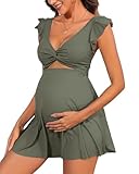 Charmo Ruffle Ribbed Maternity Swimsuit One Piece Cutout Pregnancy Bathing Suits Push Up Twisted Swimwear Swim Dress Green XL