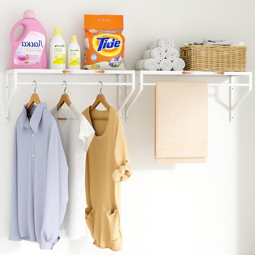 ThreeHio 2 Pack Expandable Laundry Room Shelves with Hanging Rod,