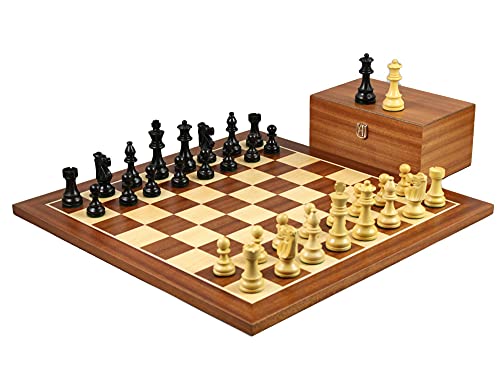 Tournament Size Supreme Quality Wooden Chess Set Mahogany Board 21 Inch Weighted Ebonised Staunton French Knight Pieces Mahogany Storage Box 3.75 Inch