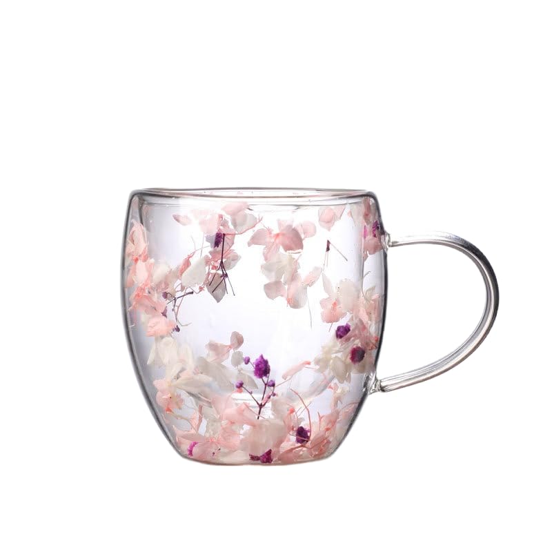 Double Walled Glass Flower Mug Cup - Creative Home Coffee Cup with Handle Mug with Dry Flower Tea Cup for Tea, Milk, Beverages (250ml Pink White Flower)