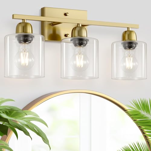 Image of Modern Brushed Gold 3 Light Bathroom Light Fixtures, 19 inch Vanity Lights for Bathroom with Clear Glass, Bathroom Lighting Fixtures Over Mirror for Mirror Kitchen Living Room