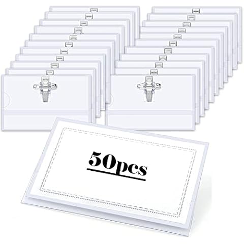 Pack of 50 Plastic Name Badges Holders , Plastic Horizontal Name Tag ID Card Holders with Crocodile Clip and Safety Pin, Horizontal Id Card Holder for Company, School, Corporate Conference Cover