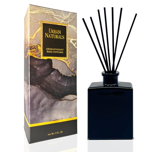 Urban Naturals Smoked Vanilla Reed Diffuser Set with Vanilla Bean, Sandalwood & Leather – 5 Ounce Sleek Black Rectangular Refillable Glass Bottle – Made in The USA