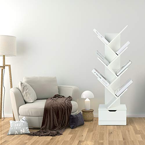 Tinsawood 7-Shelf Rack Bookcase, Wooden Tree Bookshelf, Free Standing Book Storage Organizer, For Books/Cds/Albums/Files Holder In Living Room Home Office, White #TOP2