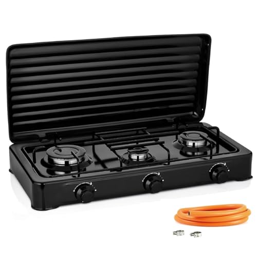 Cocina Hornillo de gas portatil para camping y exterior con 3 quemadores, 30 – 50 mbar, placa de gas con tapa protectora, manguera de presión para butano incluido.