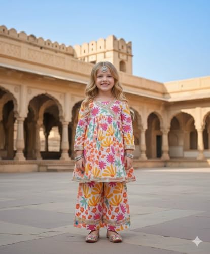 Image of A.T.U.N. (ALL THINGS UBER NICE) Girls Premium Cotton Kurti Sharara Combo Set | Vibrant Ethnic Traditional Print | Comfortable Festive Cultural Outfit for Kids