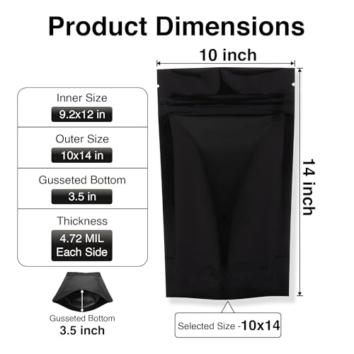 Image of BELLE KR 100pcs 1 Gallon Black Mylar Bags with Gusseted Bottom - Extra Thick 4.72 Mil - 10 inchx14 inch Resealable Stand Up Mylar Ziplock Bags with Label Stickers