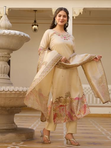 Image of Yashika Women's Beige Viscose Assam Silk Fabric Straight Printed Kurta, Pant and Dupatta Set | Kurta Set for Women