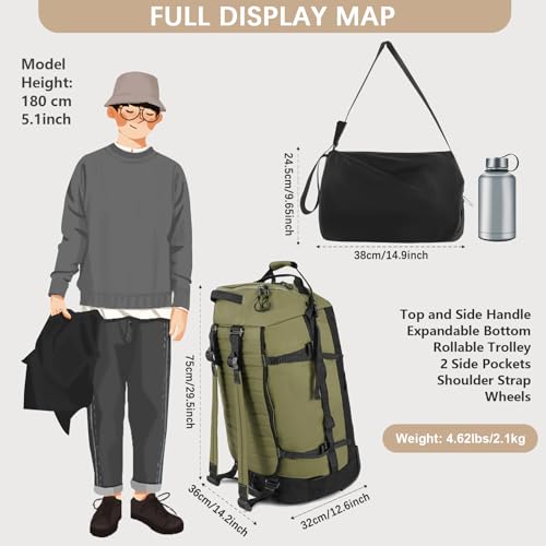 29" 86L Foldable Wheeled Duffle Bag, Waterproof Travel Rolling Backpack with Quilted Bottom, Army Green2