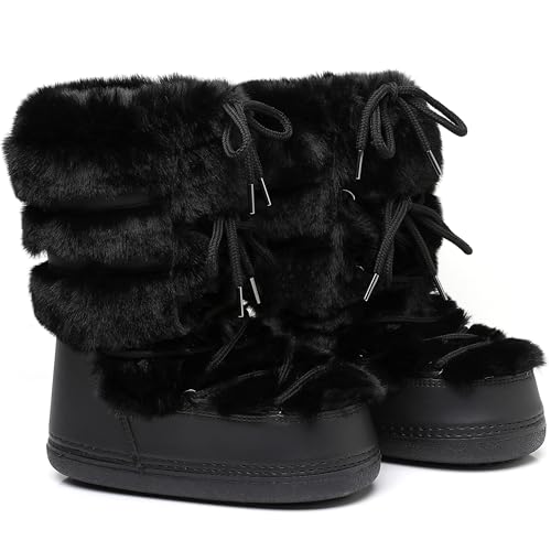 Snow Boots for Women,Winter Furry Faux Fur Boots Winter Black White Pink Fur Lined Lace-up Mid-Calf Non-Slip Fuzzy Boots (black, Adult, Women, 8, Numeric Range, US Footwear Size System, 9, Medium)