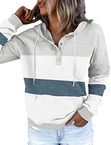 Etcyy Women's Color Block Hoodies Tops Long Sleeve Casual Drawstring Fall Button Down Pullover Sweatshirt With Pocket #TOP1