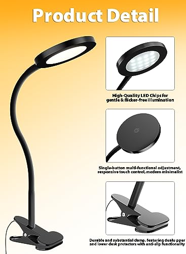 Image of Black Clip On Reading Light, 450LM Book Light, CRI95, 3 Modes Stepless Dim | CRI95 eye-caring LED provides natural lighting for reading, studying, and desk use with adjustable brightness and modes