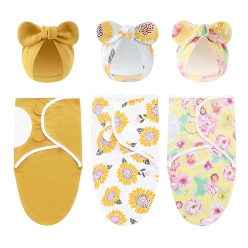 Image of Baby Swaddle Sleep Sack with Hat Set for 0-3 months 3-Pack Soft Cotton Newborn Wearable Swaddle Wrap for Girls Boys (Yellow Set)