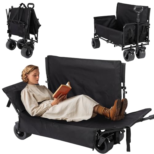 Dollate 3 in 1 Collapsible Wagon Convert with Universal Wheels, 550LBS Heavy Duty Foldable Wagon, Convertible Bench Recliner, Adaptable Multi-Purpose Vehicle for Camping, Gardening, Sports et al