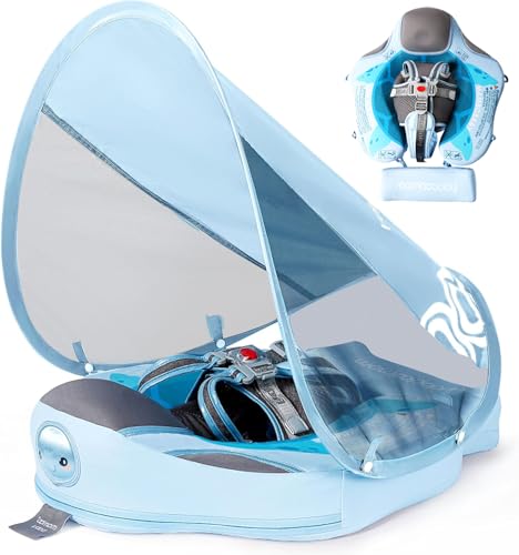 Image of Mambobaby Non-Inflatable Baby Pool Float with UPF 50+ Sun Canopy, Anti-Flip Infant Swimming Float with 5-Point Safety Harness, Baby Beach Essentials for 3-24 Months Infants & Toddlers, Puncture-Proof