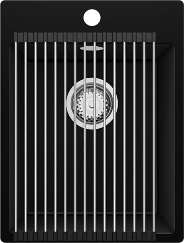 PRIMAGRAN Evier Cuisine en Granit Noir 38x50cm, Lavabo 1 bac + Kit de Vidage + Égouttoir Enroulable, Évier à Encastrer al mueble 40cm - Riga S103