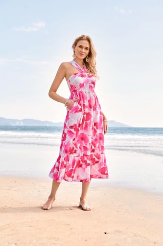 Image of GRACE KARIN Womens Summer Floral Dresses 2026 Boho Maxi Dress Flowy Halter Sundress Casual Vacation Beach Clothes with Pocket