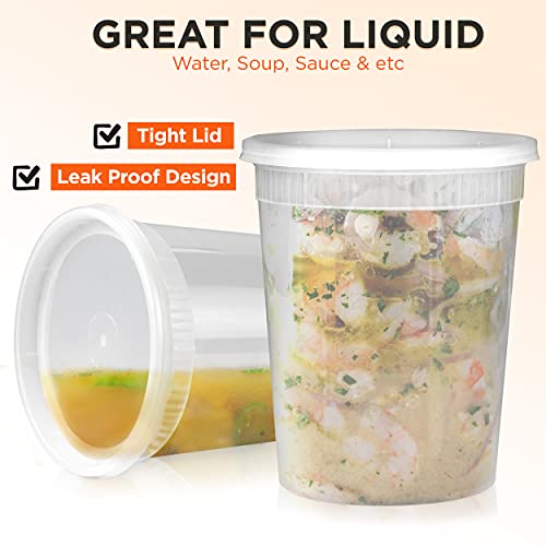 [24 Pack] Food Storage Containers With Lids, Round Plastic Deli Cups, Us Made, 32 Oz, Quart Size, Leak Proof, Airtight, Microwave & Dishwasher Safe, Stackable, Reusable, White #TOP2