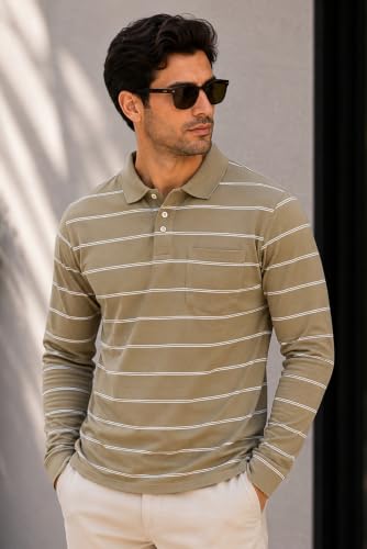 Image of SANE ORIGINALS Full Sleeves Polo Collar Tshirt for Men with Pocket || Stripe Collar and Pocket Tshirt for Men Long Sleeves Navy Blue