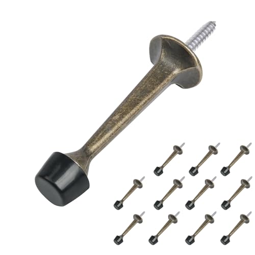 HOMOTEK 12 Pack Heavy Duty Solid Rigid Door Stop with Soft Rubber Tip, Zinc Die Cast Door Stopper Protect Wall & Door,Antique Brass