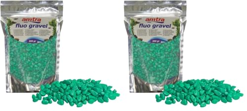 Amtra Fluo Gravel Décoratif pour Aquarium, Gravier en céramique pour Fond d'eau Douce et salée, sans poussière, Vert, 350 g (Lot de 2)
