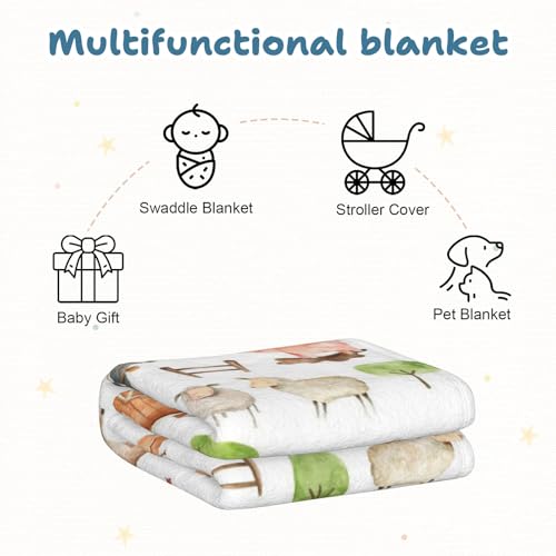 Image of Farm Animal Baby Blanket, Soft Flannel Farm Newborn Blanket, Cozy Unisex for Boys & Girls, Lightweight Stroller & Crib Blanket 30x40 Cows, Pigs, Horses, Barns