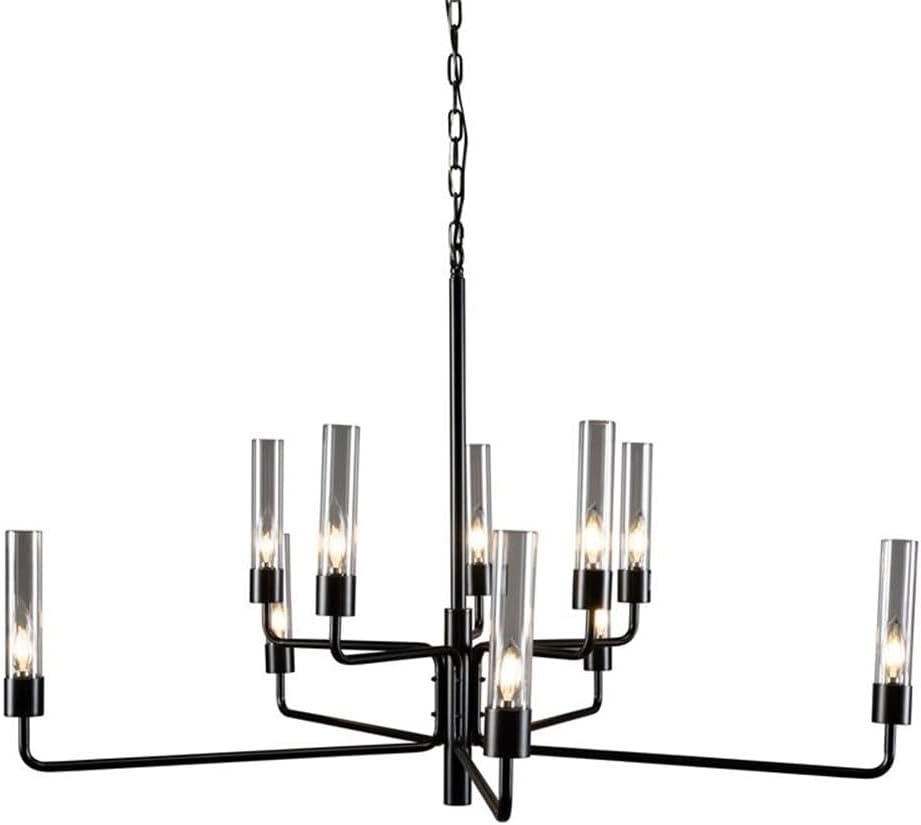Pemberly Row 10-Light Black Iron and Glass Chandelier, Glossy Black Finish, Handcrafted Design, Adjustable Chain, 31" H x 49" W x 49" D, E12 Bulbs Required, Elegant Lighting for Dining Room or Foyer