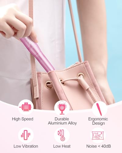 Subay Electric Nail Drill, Portable Electric Nail File for Acrylic Gel Nails, Nail Drill Kit Manicure Pedicure Tool with 6 Nail Drill Bits and 26 Sanding Bands for Home and Salon Use - Pink