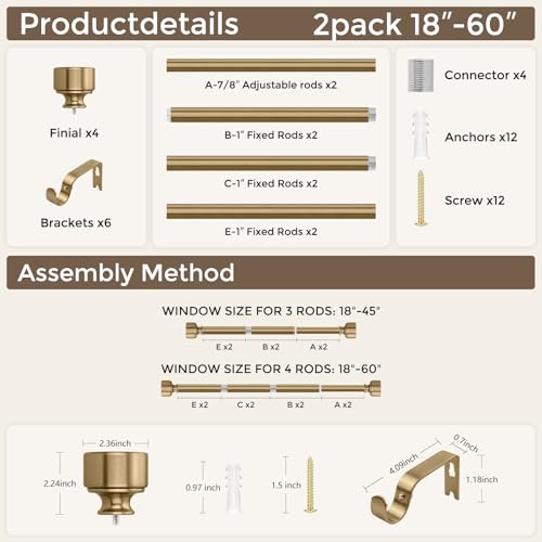 2 Pack Warm Gold Curtain Rods for Windows 28 to 48 Inch, Heavy Duty Brass Curtain Rod, 1" Diameter Adjustable Gold Window Treatment Rods with Vintage Brushed Metal Finials for Bedroom Living Room by hei! dear - Used condition - Image 8