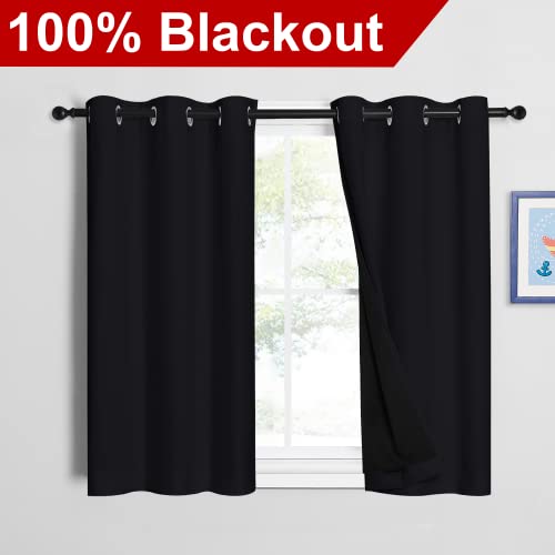 Image of NICETOWN Black 100% Blackout Curtains 45 inches Length, 2 Thick Layers Completely Blackout Window Treatment Thermal Insulated Lined Drapes for Basement Window (1 Pair, 42 inches Width Each Panel)