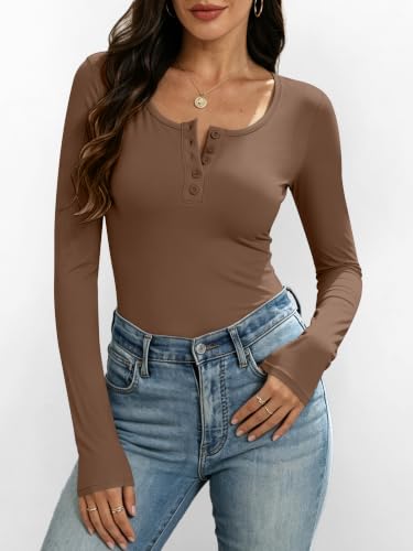 ANRABESS Women's Long Sleeve Double Lined Henley Shirts,Brown,XL — view 2