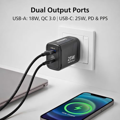 Image of Philips DLP4321NB /94 Gen III Tech 25W Fast Charging Wall Charger (Slate Black) | USB-C PD + USB-A | 2-Port Multi-Device Charger for Smartphone, Tablet, Earbuds & Accessories | Compact Travel Adapter
