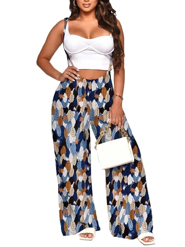 Nimsruc Womens Jumpsuit Adjustable Strap Wide Leg Overalls Blue Leaves S
