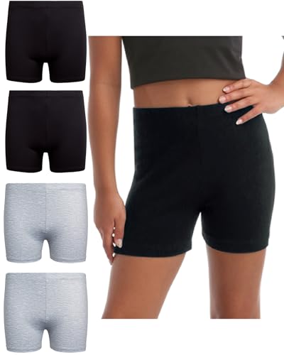 Rene Rofe Girls' Cartwheel Shorts - 4 Pack Dance Bike Shorts with Comfort 4-Way Stretch Play Shorts for Girls (Sizes: 6X-14), Size 7-8, Black/Black/Grey/Grey