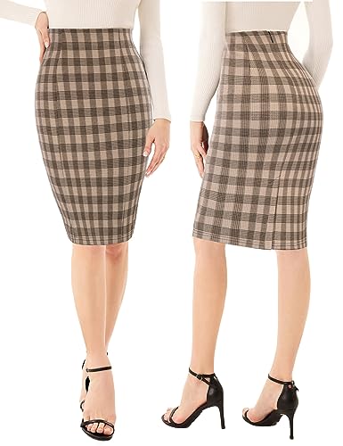 Kate Kasin Womens Knee Length Elastic Waist Stretchy Plaid Business Pencil Skirt Light Brown #TOP3