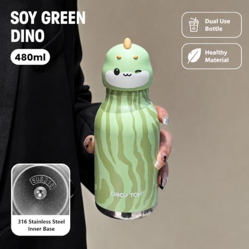 Image of 480ml Stainless Steel Sipper Water Bottle with Straw | Leakproof Animal Sipper Bottle | Reusable Drinking Bottle for School, Travel & Daily Use (Dino)