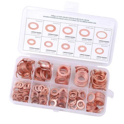 Image of 200 PCS Car Gasket Assortment Combination Set, M5 M6 M8 M10 M12 M14 Multi-Specification Metric Copper Engine Oil Pan Sealing Flat Gasket, Universal for Car Replacement Accessories (Gold)