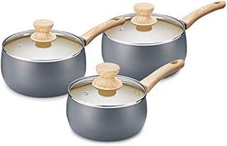 Tower T800071G Scandi Induction Saucepan Set With Glass Lids, Non Stick, Soft Touch Wood Effect Handles, Grey, 3 Piece, 16/18/20 cm