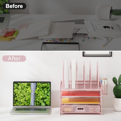 Image of Marbrasse Desk Organizers, 4-Tier Mesh Desk File Organizer with 5 Vertical File Holders and 2 Pen Holders, Multifunction Desktop Organizer,Desk Organizers and Accessories for Home Office (Pink)