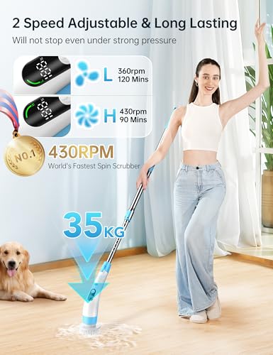 Vaxbree Electric Spin Scrubber with LED Display, IPX7 Waterproof Powerful Shower Scrubber, 2H Runtime, 2 Speeds, Adjustable Handle, 8 Brush Heads for Bathtub Tile Car-Blue and White - Thumbnail 2
