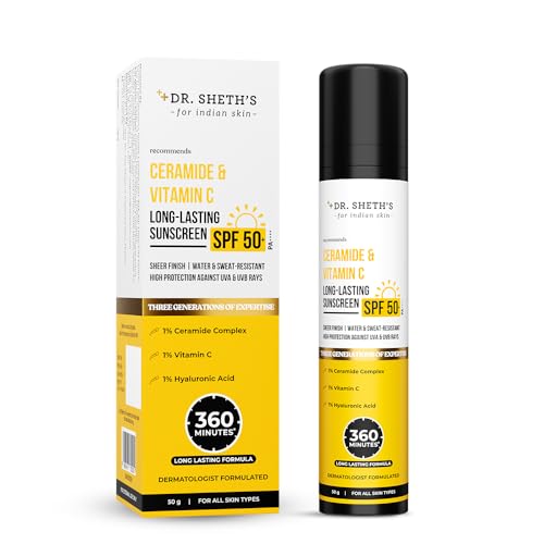 Image of Dr. Sheth's Ceramide & Vitamin C Long lasting Sunscreen SPF 50+ PA++++ 6 hrs Advanced UV & Tan Protection | No White Cast, Water & Sweat-Resistant | Non-Greasy & Quick-Absorbing | For Women & Men | 50g