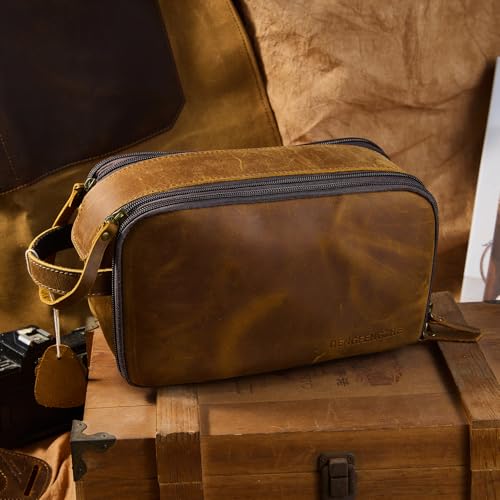 Toiletry Bag for Men, Full Grain Leather Travel Pouch Shaving Dopp Kit Bathroom Toiletries Organizer Bags, Brown2