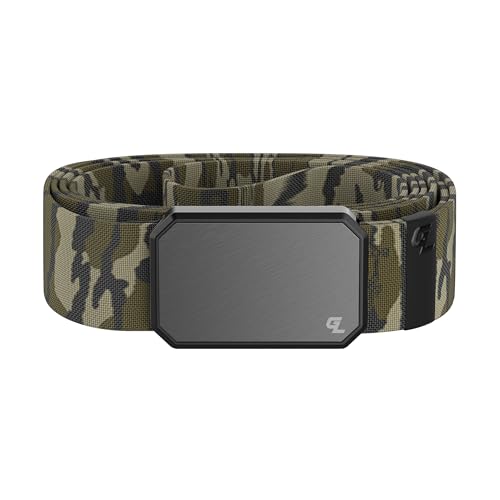 Groove Life Groove Belt Gun Metal/Mossy Oak Bottomland - Men's Stretch Camo Nylon Belt with Magnetic Aluminum Buckle - Large (37-40