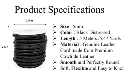 GENIQUE Real/Genuine Round Leather String Cord for Necklace, Bracelets, Jewellery, Braiding (Black Distressed, 5mm) by GENIQUE - Image 2