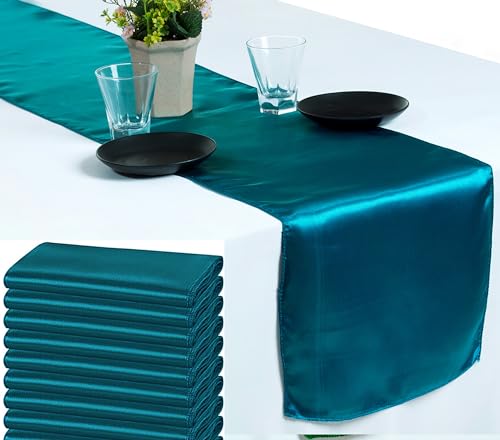 VDS Pack of 10 Satin Table Runners Charmeuse Sateen Silk Centerpiece Cloth Linen for Wedding Birthday Graduation Engagement Ceremony Event Party Banquet Table Decoration (12x108 inch)(Dark Teal)