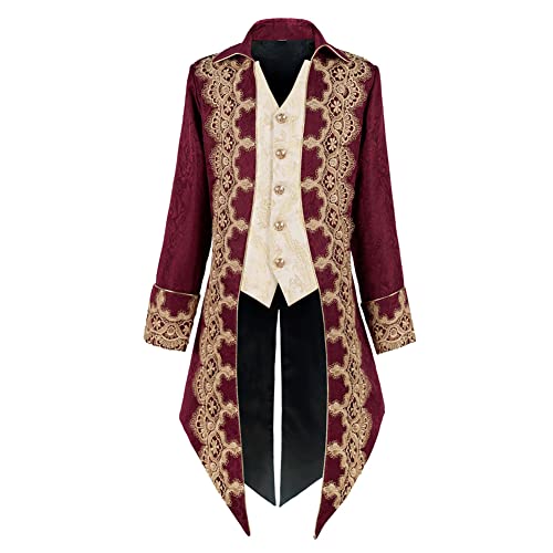 Crubelon Men Steampunk Medieval Jacket Gothic Victorian Frock Coat Uniform (Red, Small)