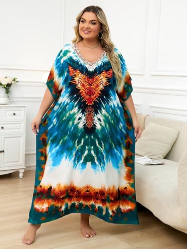 Image of KECVOT Kaftan Dresses for Women V-Neck Print Swimsuit Cover Up Plus Size Beach Caftan Lounge Dress